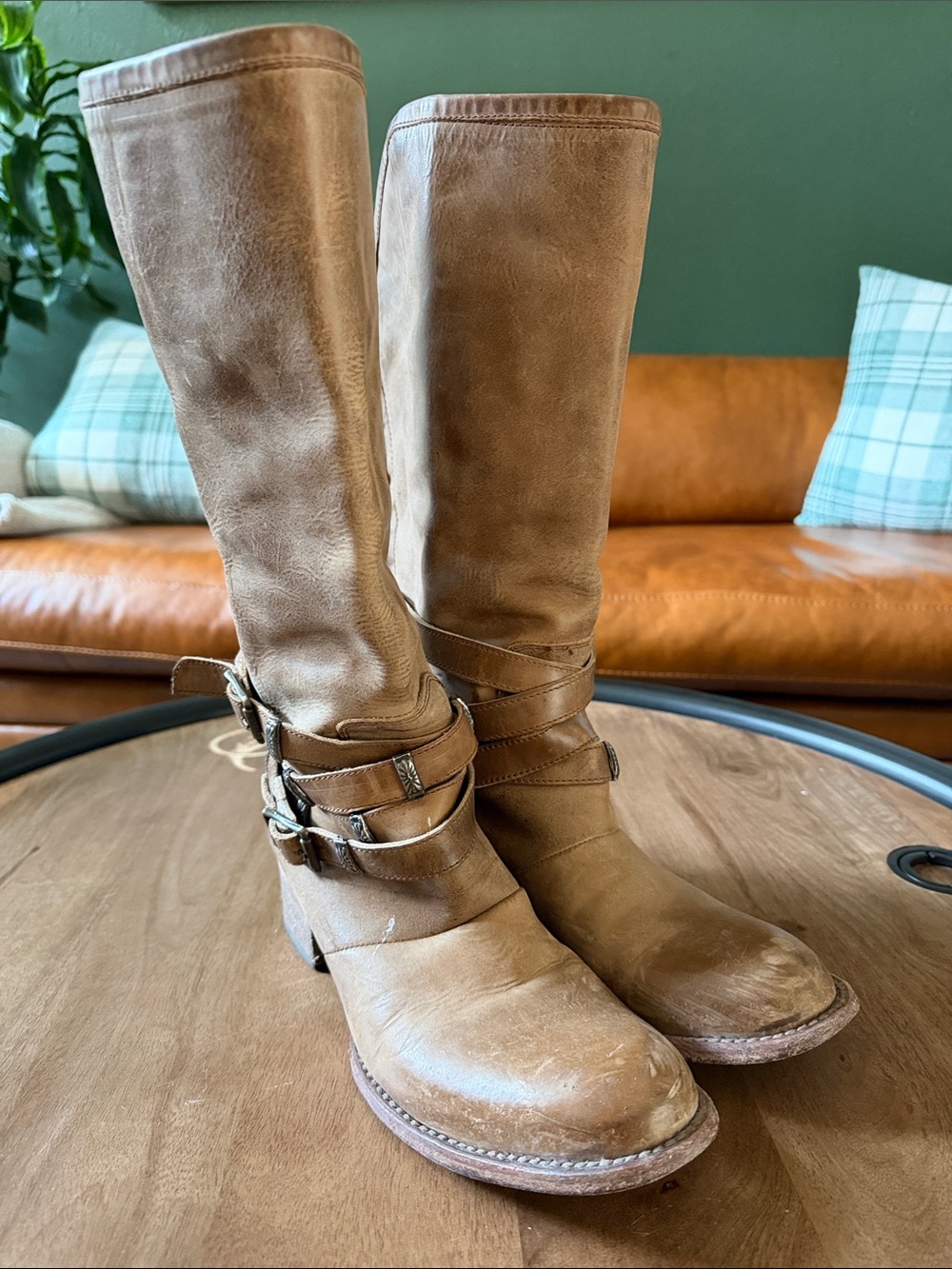 Freebird “Drove” Distressed Women's Tall Tan Leather Buckle Riding Boots